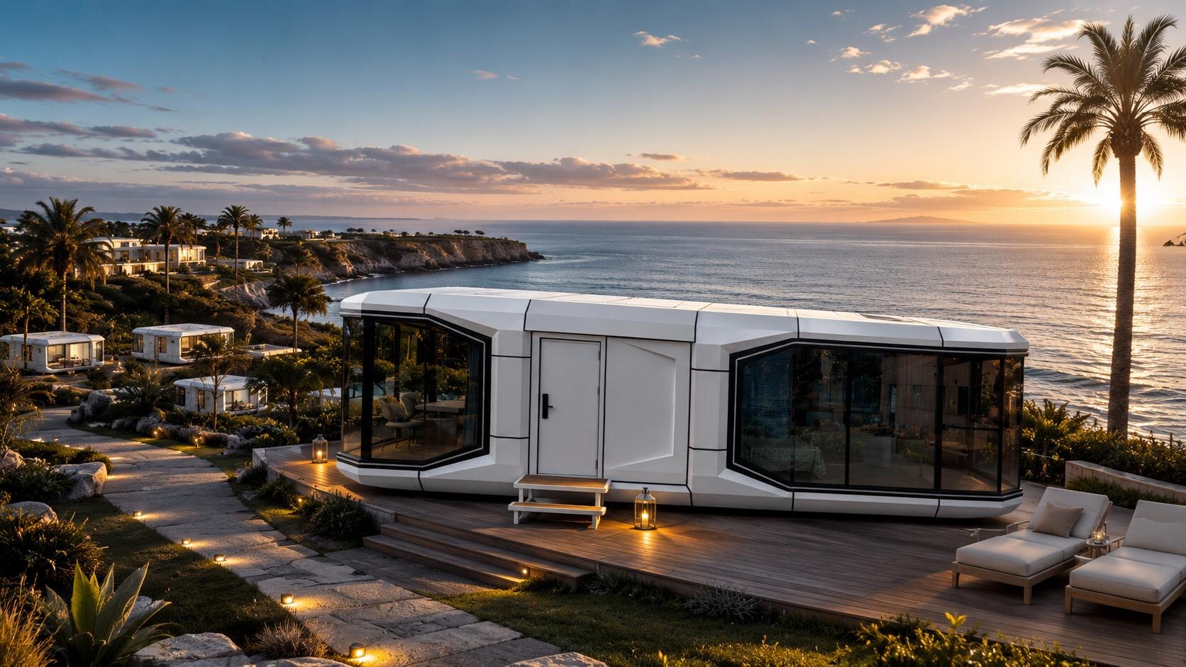 Manufacturer-supplied concept image of a modular cabin near a coastal setting