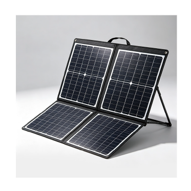 HI-POWER folding solar panel, four visible sections and rear support; representative illustration