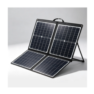 Panneau solaire pliant HI-POWER, quatre sections visibles et support arrière ; illustration représentative