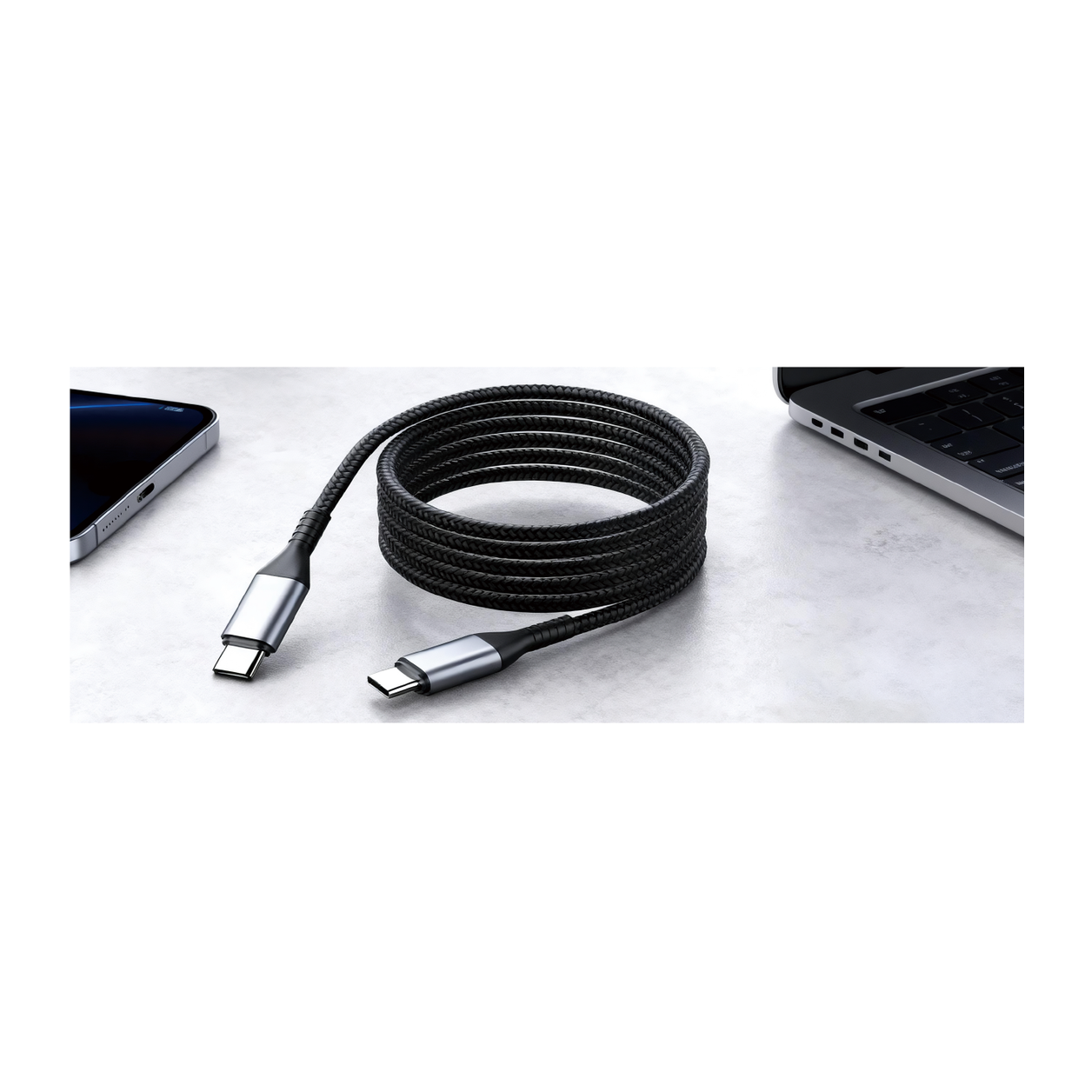 Coiled braided USB-C to USB-C cable, both plugs visible; representative illustration