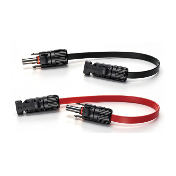 Red and black flat window feed-through leads with PV connector ends; representative illustration